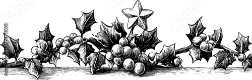 Ornamental holly twig and star border frame for vintage holiday design