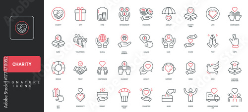 Charity, humanitarian aid and rescue, social support from community line icon set. Child adoption, food and shelter for hungry homeless people thin black and red outline symbols vector illustration