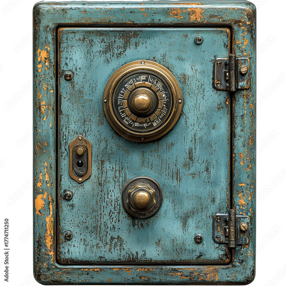 Fototapeta premium Antique Blue Safe With Combination Lock. Vintage Security And Protection Concept Isolated On Transparent Background