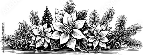 Ornamental christmas border with poinsettia flowers and pine for holiday decor