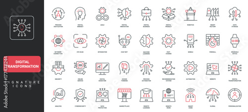 Digital transformation, analytics and cloud computing, AI automation of industry line icon set. Process digitization, smart business innovation thin black and red outline symbols vector illustration