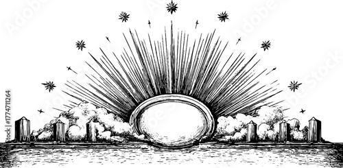 Vintage ornamental circular border with stars and rays for retro design projects