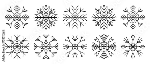 Black line snowflake set, decorative vector signs in various shapes, monochrome winter clipart collection 