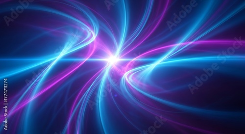 Dynamic swirling light trails creating an abstract vortex of vibrant blue and magenta energy, symbolizing speed, connection, and futuristic innovation in a digital realm