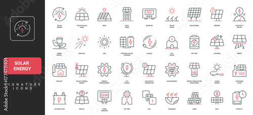 Solar energy, photovoltaic panel project, installation on rooftop and repair, cleaning line icon set. Inverter and smart meter, portable charger thin black and red outline symbols vector illustration