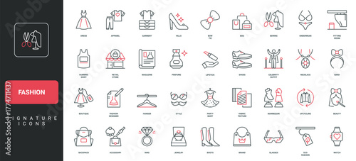 Fashion apparel and accessory, retail store catalog, eco brand line icon set. Fabric texture and form, mannequin for designer and tailor work thin black and red outline symbols vector illustration