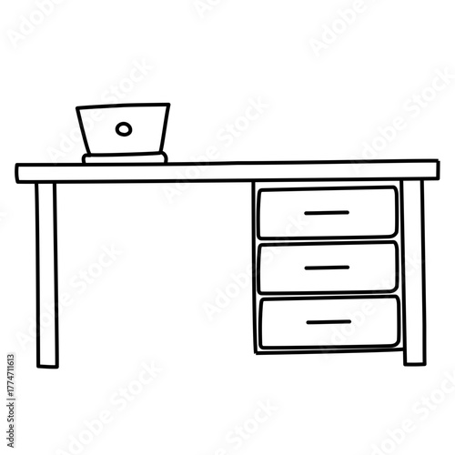 Office Desk with Laptop and Drawer Cabinet Line Art
