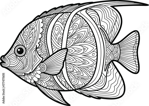 Detailed Zentangle Style Tropical Angelfish Coloring Page Vector Illustration