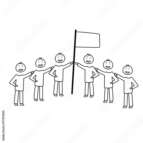 Team Celebrating Success with a Flag Doodle Illustration