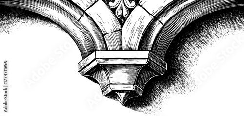 Ornamental architectural engraving with cross-hatch details for vintage design