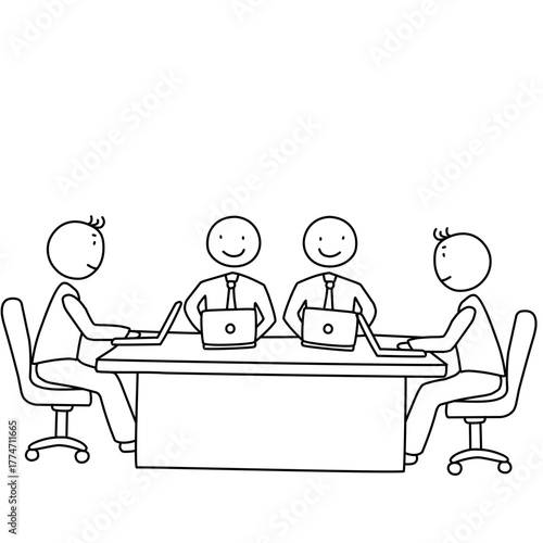 Group of People Sitting at a Meeting Table Line Art