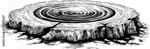 Ornamental engraving of tree trunk with concentric circles for vintage design