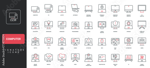 Computer monitor and PC, laptop screen, server with different processes line icon set. Video and online search display, user profile registration thin black and red outline symbols vector illustration
