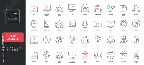 Tech gadgets, smartphone and tablet, laptop and digital camera, TV line icon set. Computer monitor and keyboard, webcam, earbuds and power bank thin black and red outline symbols vector illustration