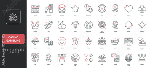 Casino gambling, roulettes and poker game, jackpot and lottery, slot machine line icon set. Gamble, dice and joker, exchange of chips, fortune thin black and red outline symbols vector illustration