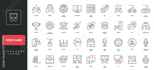 Video game genres, gamers equipment, entertainment line icon set. Game controller and mobile app, players gaming laptop, gamepad, graphics card thin black and red outline symbols vector illustration