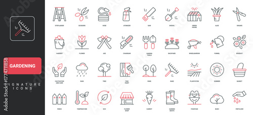 Garden care, harvest and gardening tools, plant and tree cultivation in park line icon set. Greenhouse and flowers in backyard, plantation thin black and red outline symbols vector illustration