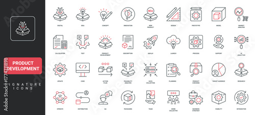 Product development, digital idea launch, design process, prototype model line icon set. AI Analytics and test, feasibility analysis, action plan thin black and red outline symbols vector illustration