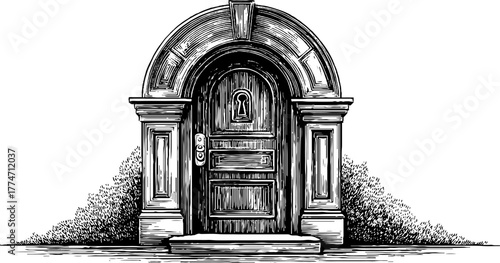 Vintage ornamental door with curved arch top and bottom divider design for posters