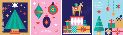 Modern Christmas card collection, Navidad set of designs with Holiday gifts, reindeer and baubles