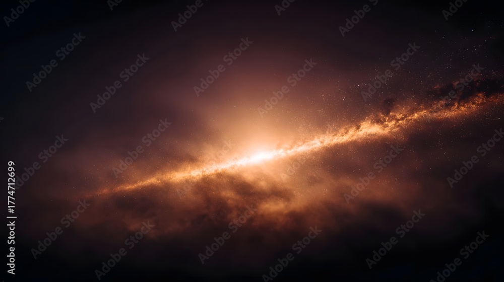 Obraz premium A breathtaking view of a vibrant cosmic nebula featuring a fiery orange core and a luminous golden streak set against a dark hazy interstellar