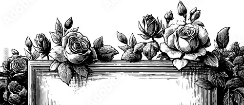 Ornate floral composition with rectangular border featuring roses for vintage design