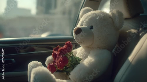 Teddy bear inside vehicle holding red flowers looking through window