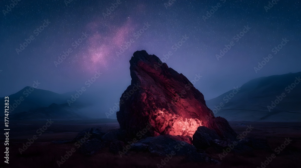 Fototapeta premium A glowing red rock formation under a starry misty night sky with the Milky Way visible