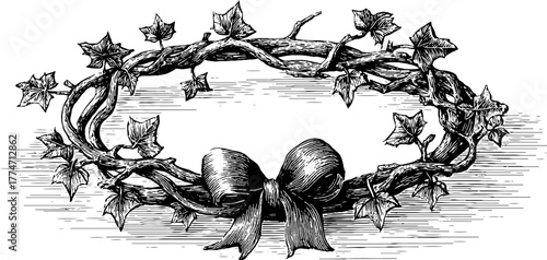 Vintage oval frame of ivy and pine branches with bow for holiday decoration design