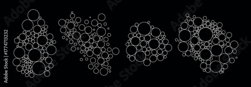 Set of abstract circle outline clusters on black background. Minimalist geometric vector design.