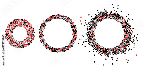 Progression of red and black particle rings disintegrating on white background. Abstract geometric illustration.