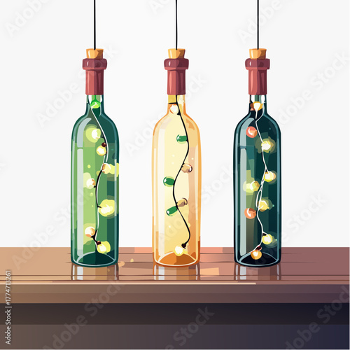 Three Hanging Wine Bottles Lit with Warm Lights on Wooden Shelf in White Background