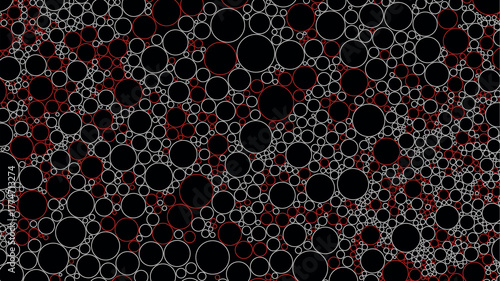 Red and white circle outlines pattern on black background. Abstract vector geometric monochrome design.