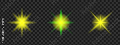 Yellow glowing star light flare effect, bright sparkle burst with soft glow and lens flash, decorative sparkle for design and highlight.