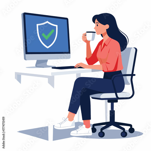 Woman with Secured Data on Her Computer, Symbolizing Cybersecurity