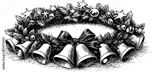 Festive christmas garland with bells stars and bows, design for holiday cards and decorations