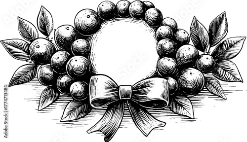 Vintage holiday wreath with holly berries and ribbon bow design for festive decor
