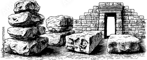 Ancient stone masonry and construction elements engraving design for historical architecture projects