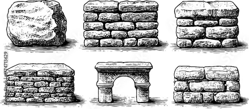 Ancient stone masonry details set featuring rustic dry stone construction techniques