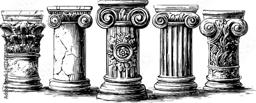 Antique architectural capitals with volutes and acanthus patterns for design projects