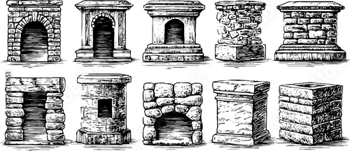Antique masonry construction details with brick arches and stone textures for architectural design