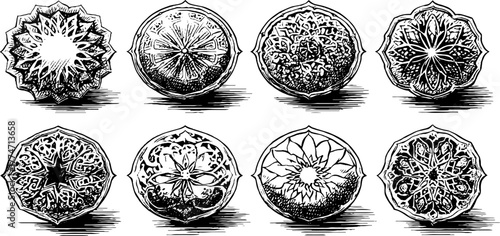 Intricate arabesque patterns with interlaced stars in circular shapes for design and decoration