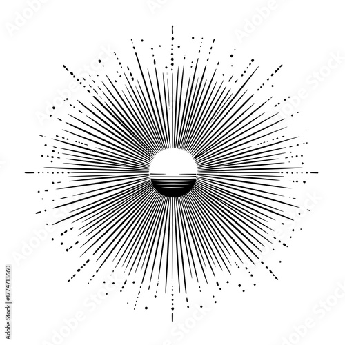 Radiant sunburst design with a central circle and horizontal lines evoking a horizon over water view