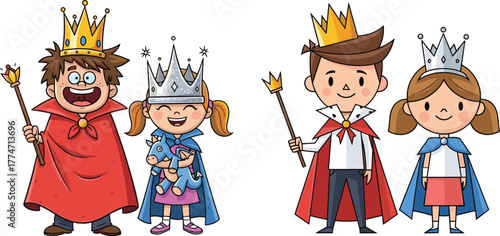 Cute cartoon children dressed as royal king and queen characters wearing crowns and capes, playful fairytale costume scene with happy little kids