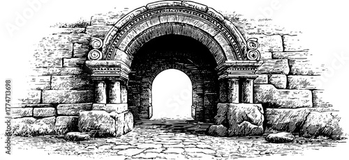 Vintage architectural illustration of historic arched entrance with stone details