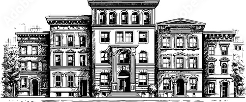 Vintage architectural facade with arched windows and ornate cornices