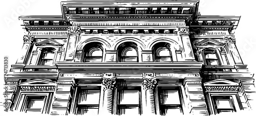 Vintage architectural facade fragments with arched windows and cornices design for posters or cards