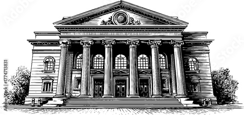 Vintage architectural facade with arched windows and cornices sketch for design projects