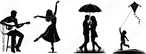 Silhouetted people illustration, guitar player dancer couple under umbrella child flying kite, black vector artwork, lifestyle activity concept, expressive design