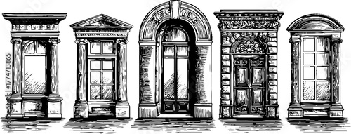 Vintage architectural frame compositions with ornate window outlines for design projects